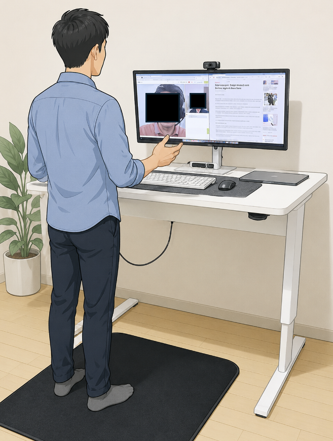 普段は座り仕事、必要なときだけ高さを上げられるデスク
