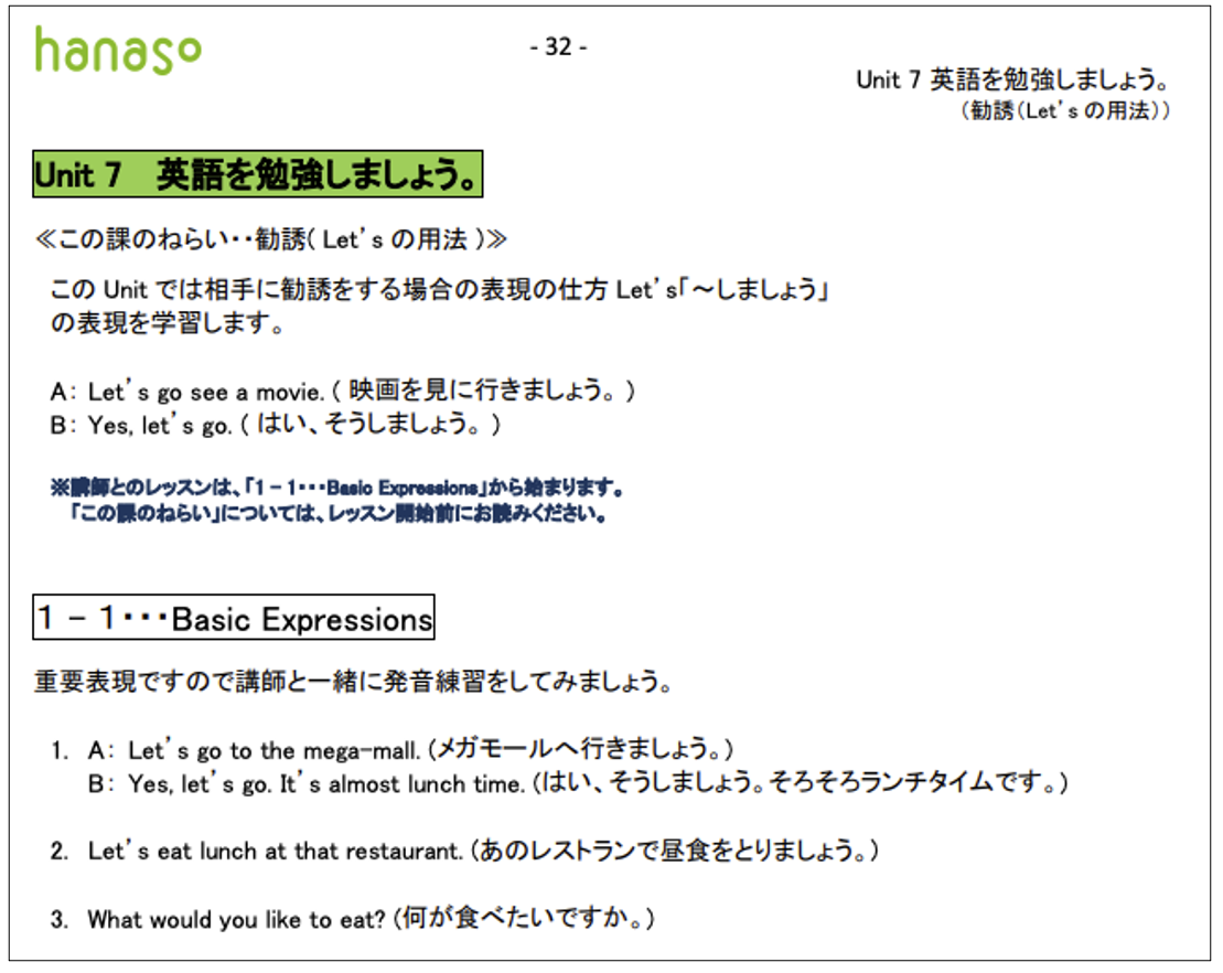 hanasoオリジナルテキストUnit7の実物。日本語の解説と例文が併記されている