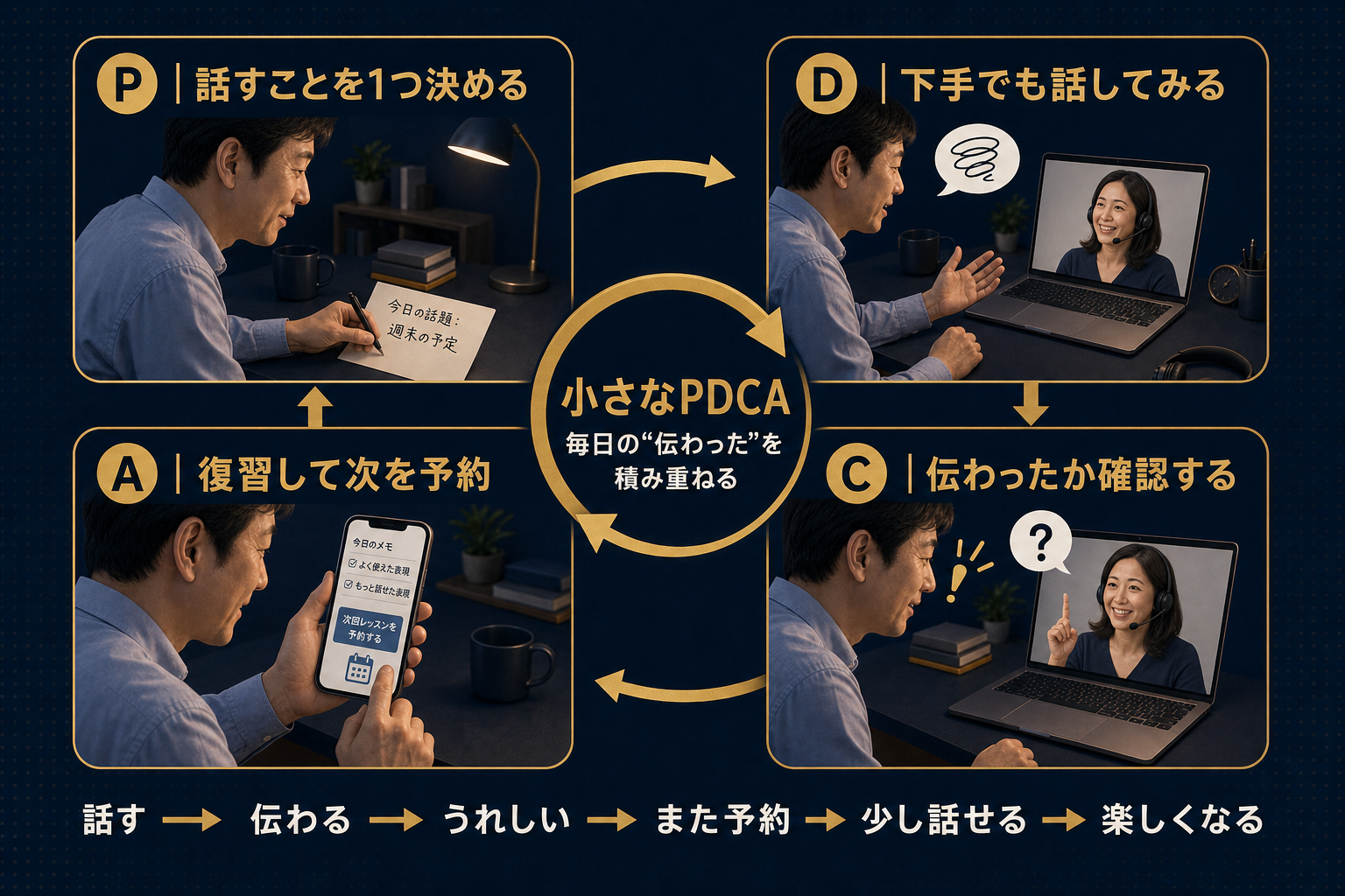 「小さなPDCA」の流れ。P（話すことを1つ決める）→D（下手でも話してみる）→C（伝わったか確認する）→A（復習して次を予約）を繰り返し、話す→伝わる→うれしい→また予約→少し話せる→楽しくなる、とつながっていく図